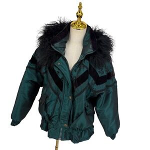 Otello Pelle Puffer Jacket Women M Green Mongolian Lamb Fur Velvet Vintage
